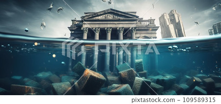 Classic building with pillars half-submerged in water, with money sinking underwater, symbolizing a financial crisis or bank failure. Classic building with pillars half-submerged in water, with money sinking underwater, symbolizing a financial crisis or bank failure. 109589315