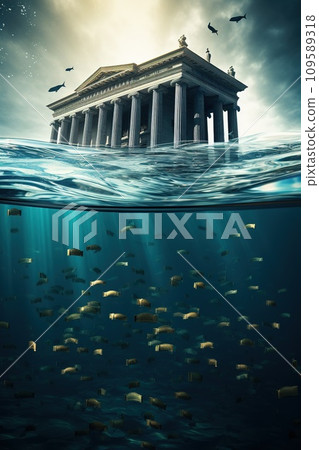 Classic building with pillars half-submerged in water, with money sinking underwater, symbolizing a financial crisis or bank failure. 109589318