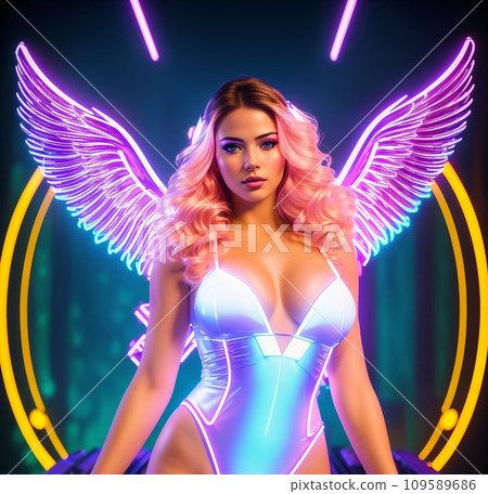 beautiful sexy woman with pink hair in bodysuit with glowing neon angel wings posing over night city background.. beautiful sexy woman with pink hair in bodysuit with glowing neon angel wings posing over night city background.. 109589686