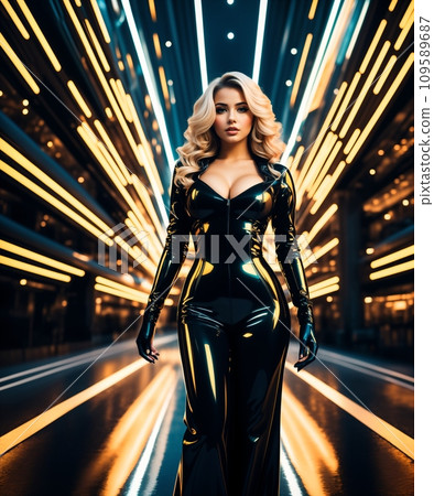 a beautiful woman in a black latex costume. a beautiful woman in a black latex costume. 109589687