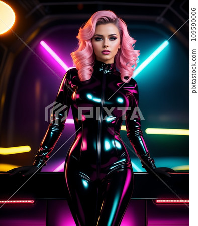 Fashionable woman in black latex costume posing over futuristic background in night city 109590006