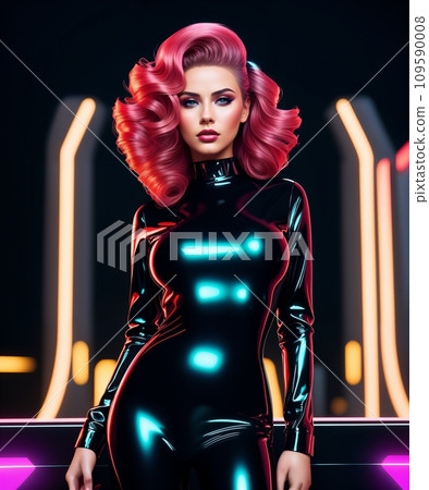 Fashionable woman in black latex costume posing over futuristic background in night city 109590008