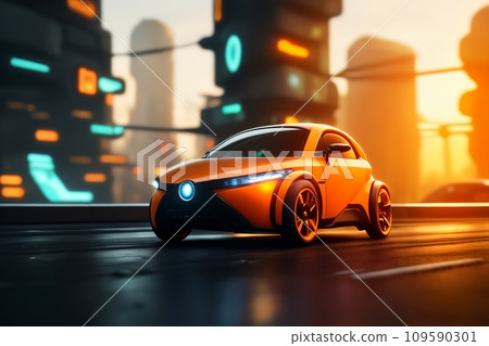 a brand-less generic concept car in the city. Modern car on the road at sunset 109590301