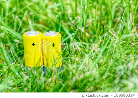 Two batteries on a green grass meadow Two batteries on a green grass meadow 109590334