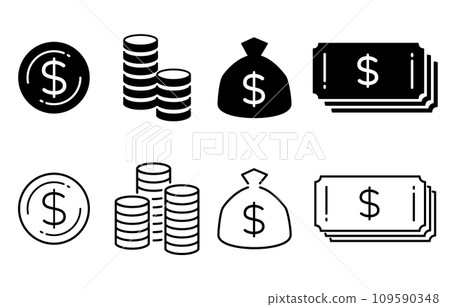 美元硬幣和紙幣圖標單色 美元硬幣和紙幣圖標單色 109590348