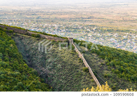 Signagi town fortification wall over Alazan valley Signagi town fortification wall over Alazan valley 109590608