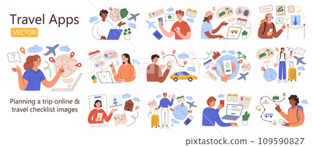 Planning a trip scenes collection, hand drawn set of traveling compositions with cartoon characters, travel checklist, vector illustrations of booking flight, hotel, excursion, travelers mobile apps 109590827