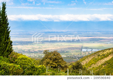 above view of Alazan Valley from Bodbe in Kakheti 109590840