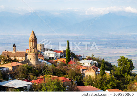 Sighnaghi town with cathedral over Alazan valley Sighnaghi town with cathedral over Alazan valley 109590860