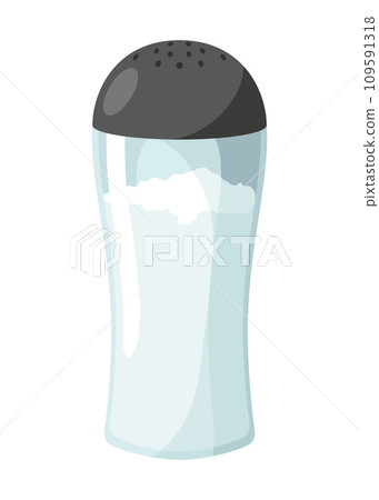 Salt icon. Glass jar, saltcellar with kitchen seasoning, flavoring for sprinkling spicy powder. Ingredient, condiments for food. Vector illustration of spice powder food 109591318