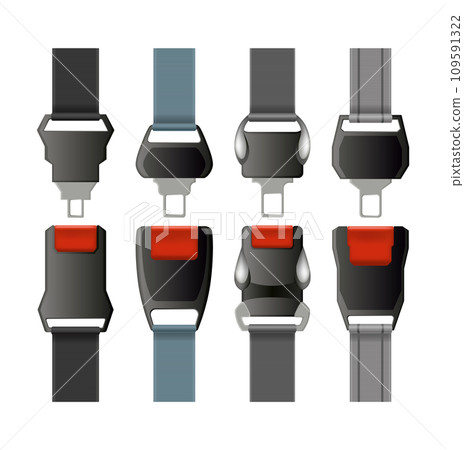 Safety belts set. Fasten your seatbelt, warning banner. Safe driving rule vector concept. Vehicle driving or airplane belts with lock for save your life in road accident decent 109591322