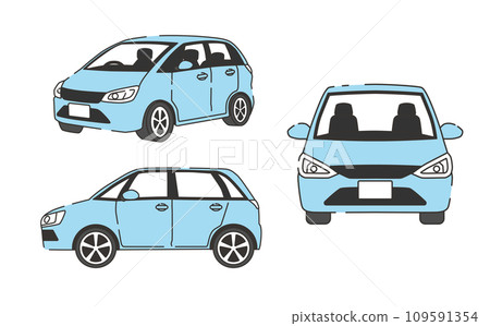 從各個角度拍攝的藍色小型轎車的插圖 109591354