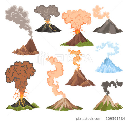 Volcano icons. Magma nature blowing up with smoke. An awakened vulcan activity fire and smoke elements. Volcano eruption set. Flat cartoon vector isolated illustration 109591384