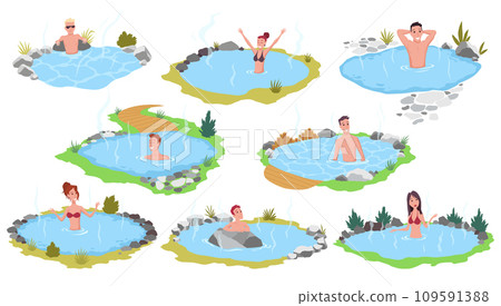 Hot springs pool. People enjoying thermal spa water in winter, flat vector illustration. Mountain onsen, japanese natural hot springs resort. Relax, recreation Hot springs pool. People enjoying thermal spa water in winter, flat vector illustration. Mountain onsen, japanese natural hot springs resort. Relax, recreation 109591388