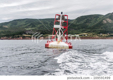 Pleasant Bay boat tour watching a buoy in the water Cape Breton Island Cabot Trail Nova Scotia Highlands Canada 109591499