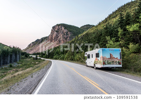 Camper RV truck parked Cape Breton Island Coast highway road scenic Cabot Trail route Nova Scotia Highlands Canada 109591538