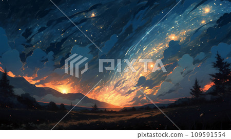 手绘卡通唯美梦幻的夜晚的星空插画 109591554