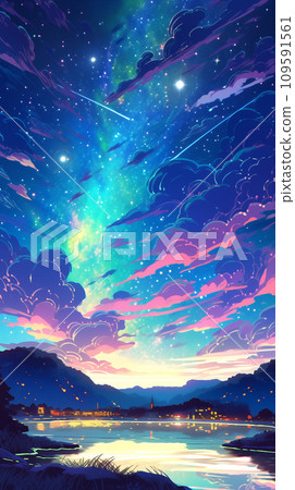 Hand drawn cartoon beautiful dreamy night starry sky illustration Hand drawn cartoon beautiful dreamy night starry sky illustration 109591561