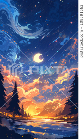 手绘卡通唯美梦幻的夜晚的星空插画 手绘卡通唯美梦幻的夜晚的星空插画 109591562