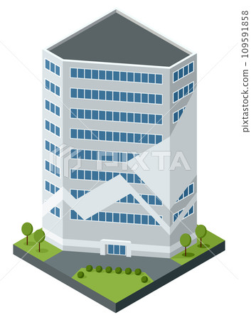 Isometric offices or business center icon. Town apartment building city map creation. Architectural vector 3d illustration. Infographic element. City house composition Isometric offices or business center icon. Town apartment building city map creation. Architectural vector 3d illustration. Infographic element. City house composition 109591858
