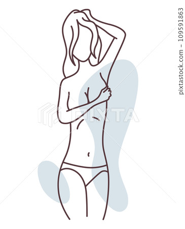 Female body. Sensual woman. Body positivity, self love, femininity concept. Linear flat vector illustration on white background Female body. Sensual woman. Body positivity, self love, femininity concept. Linear flat vector illustration on white background 109591863