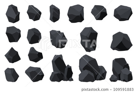 Collection of coal black mineral resources. Pieces of fossil stone. Polygonal shapes set. Black rock stones of graphite or charcoal. Energy resource charcoal icons 109591883
