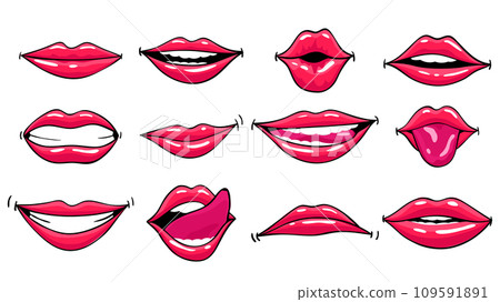 Red lips female collection. Woman expressed differernt emotion set. Biting, smile, kiss, beauty concept. Modern pop art style, flat vector design illustration 109591891