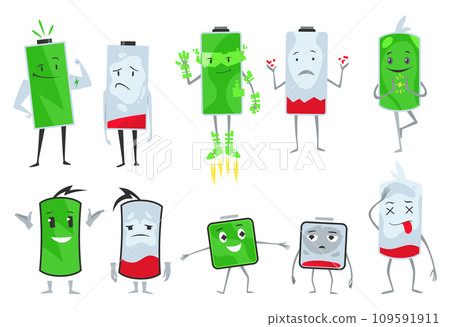 Low battery and full battery set. Battery charge indicator icons. Discharged and fully charged battery. Accumulator indicator power level, vector illustration 109591911