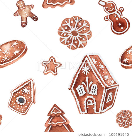 Christmas watercolor illustration, New Year seamless pattern with gingerbread house 109591940