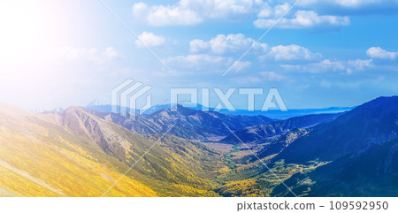 Mountain valley in the crater of an extinct volcano on Kamchatka peninsula 109592950