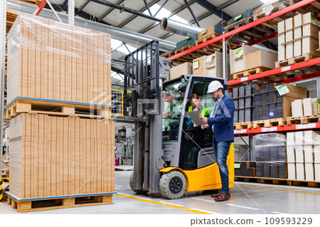 Forklift driver talking with manager in modern industrial factory. Woman warehouse worker discussing order, order picking. Warehouse worker preparing products for shipmennt, delivery, checking stock 109593229