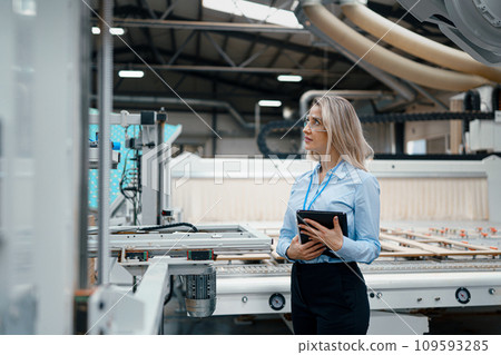 Female engineer in modern industrial factory, checking robotic arm, controling process and manufacturing equipment or machinery. Manufacturing facility with robotics and automation. Female engineer in modern industrial factory, checking robotic arm, controling process and manufacturing equipment or machinery. Manufacturing facility with robotics and automation. 109593285