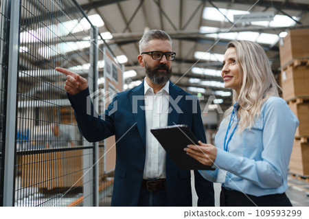 Female engineer and male production manager standing in modern industrial factory, talking about production. Manufacturing facility with robotics and automation. 109593299