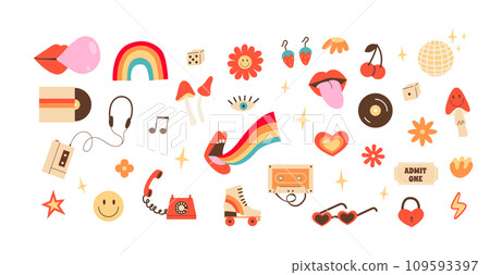 Big retro set of stickers with hippie culture elements. Positive psychedelic flat colored icons in 70s 80s style. Old fashioned vintage objects and signs. Vector illustration isolated on background. 109593397