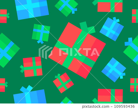 Christmas seamless pattern with gift boxes with ribbon and bow. Isometric gift boxes on green background. Xmas design for greeting cards, banners and promotional materials. Vector illustration 109593436