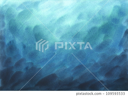 Hand drawn, abstract blue, turquoise watercolor background painting, gradient ocean, sea waves in painted texture with soft washes. Underwater seascape for decoration and design. Hand drawn, abstract blue, turquoise watercolor background painting, gradient ocean, sea waves in painted texture with soft washes. Underwater seascape for decoration and design. 109593533