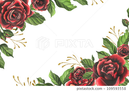 Red-black rose flowers with green leaves and buds, chic, bright, beautiful. Hand drawn watercolor illustration. Template on a white background, for decoration and design. Red-black rose flowers with green leaves and buds, chic, bright, beautiful. Hand drawn watercolor illustration. Template on a white background, for decoration and design. 109593558