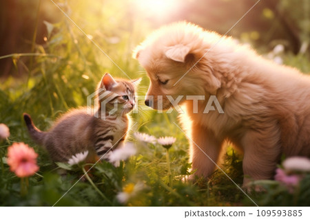 loving Kitten and Puppy play on sunny summer day on green lawn. Friendship of pets. Valentine's Day, postcard 109593885