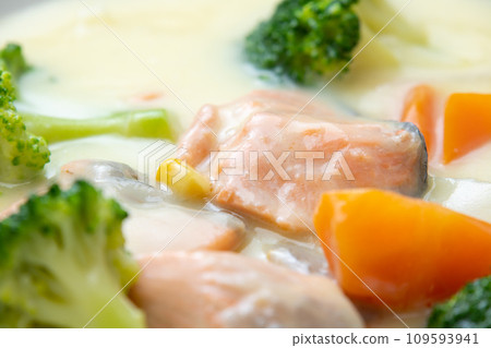 鮭魚奶油燉菜的特寫。 鮭魚奶油燉菜的特寫。 109593941