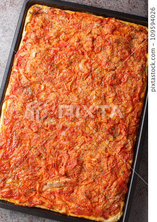 Sfincione or Sicilian-style pizza with a homemade yeast crust and tomato onion sauce, cheese, and anchovies on top closeup on a baking sheet on the table. Vertical top view Sfincione or Sicilian-style pizza with a homemade yeast crust and tomato onion sauce, cheese, and anchovies on top closeup on a baking sheet on the table. Vertical top view 109594026