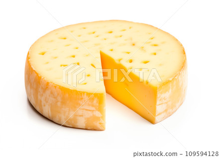A closeup of a cheese with a slice taken away with holes like maasdam, emmental or cheddar as background 109594128