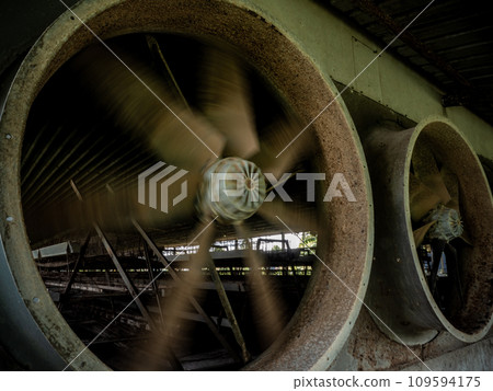 looking inside the livestock house through the space of the exhaust fan blade 109594175