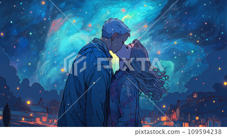 Hand-drawn cartoon illustration of a couple kissing under the starry sky at beautiful and dreamy night 109594238
