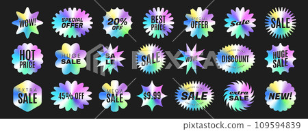 Set of iridescent holographic price stickers, starburst sale labels or promo tags 109594839
