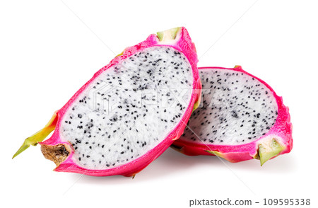 Two halves of pitahaya close-up on a white. Dragon fruit isolated Two halves of pitahaya close-up on a white. Dragon fruit isolated 109595338
