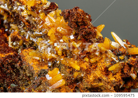 macro mineral Wulfenite stone on a black background 109595475