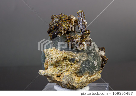 macro mineral stone Prehnite on Epidote on a gray background macro mineral stone Prehnite on Epidote on a gray background 109595497