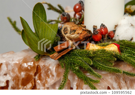 Christmas composition of flowers and Christmas decorations Christmas composition of flowers and Christmas decorations 109595562