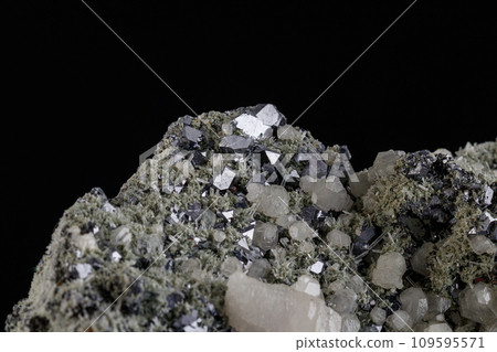 macro stone mineral Quartz Calcite Sphalerite Galena on a black background 109595571