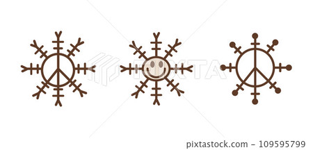 Set of black snowflakes icons in retro groovy styles with face and peace symbol. Design element for decoration Christmas card. Vector illustration isolated on white background. 109595799